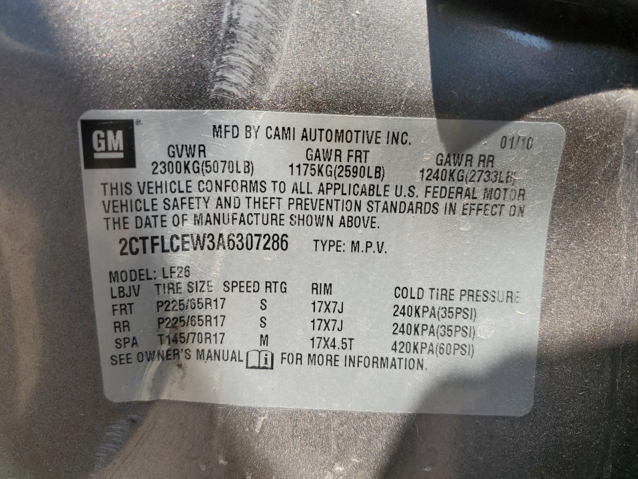 2010 GMC Terrain Sle VIN: 2CTFLCEW3A6307286 Lot: 60534345