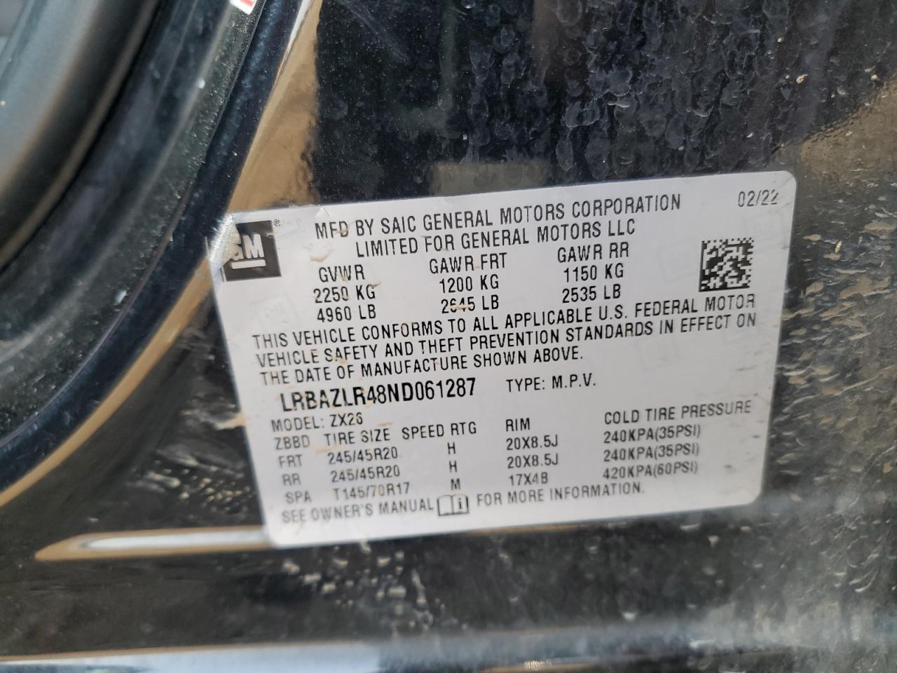 2022 Buick Envision Preferred VIN: LRBAZLR48ND061287 Lot: 60346795
