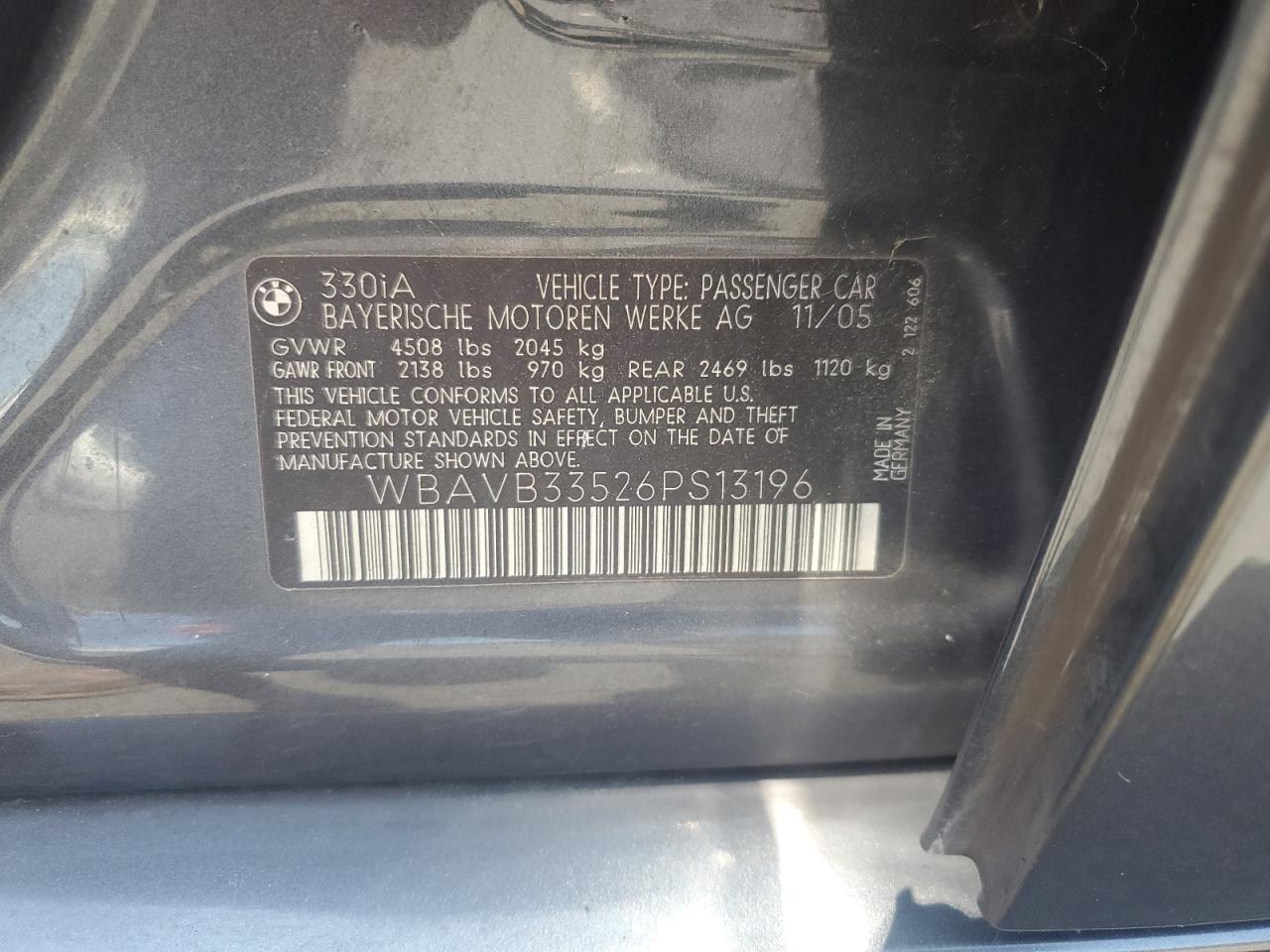 BMW 3 SERIES 2006 VIN WBAVB33526PS13196 фото 12