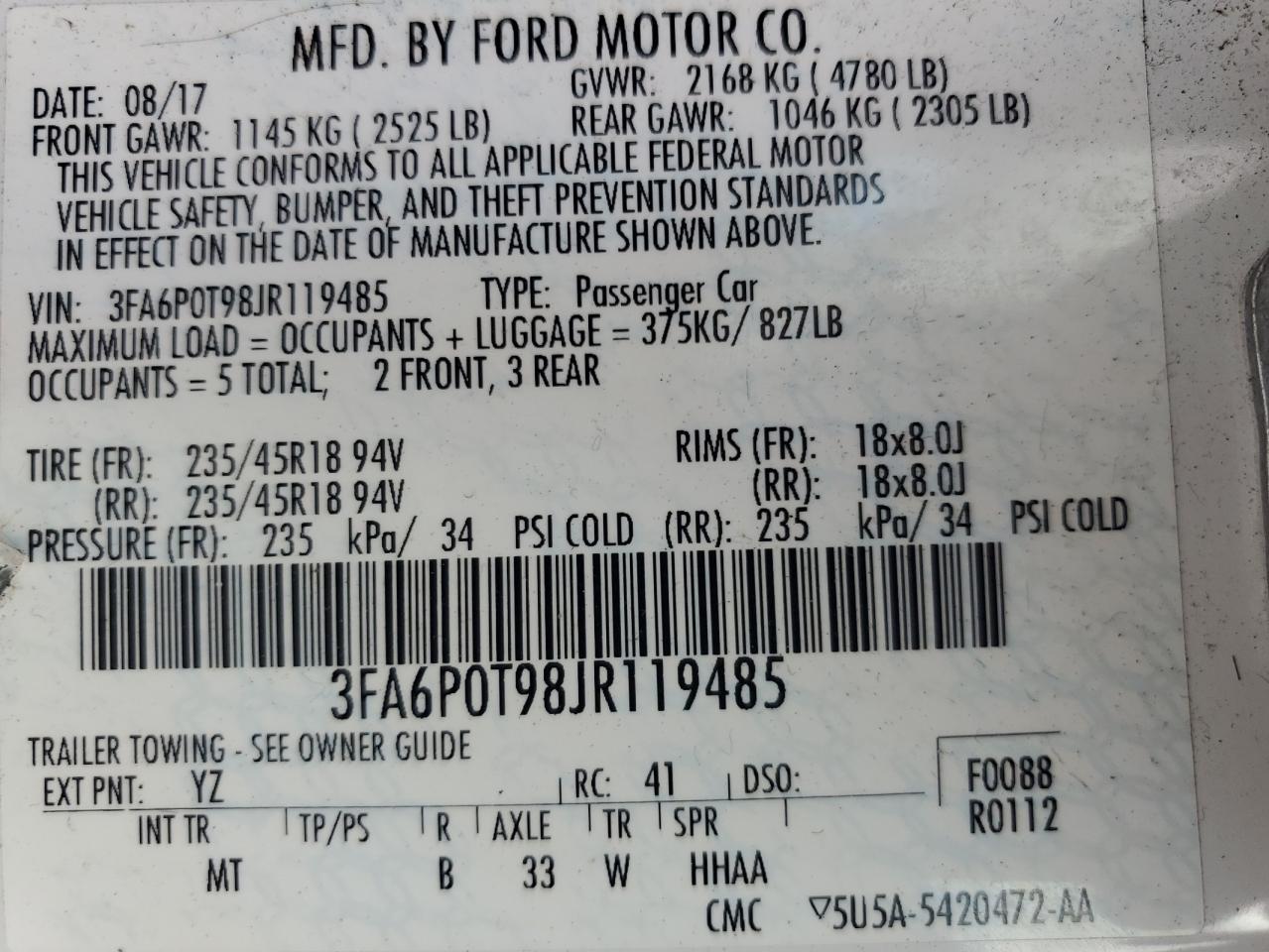 2018 Ford Fusion Se VIN: 3FA6P0T98JR119485 Lot: 62851075