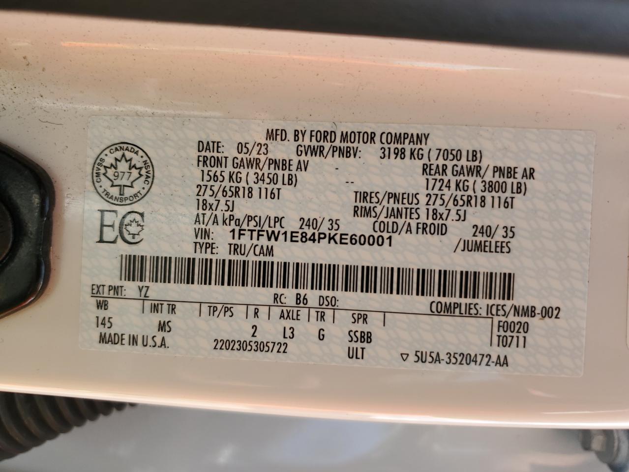 2023 Ford F150 Supercrew VIN: 1FTFW1E84PKE60001 Lot: 59385195