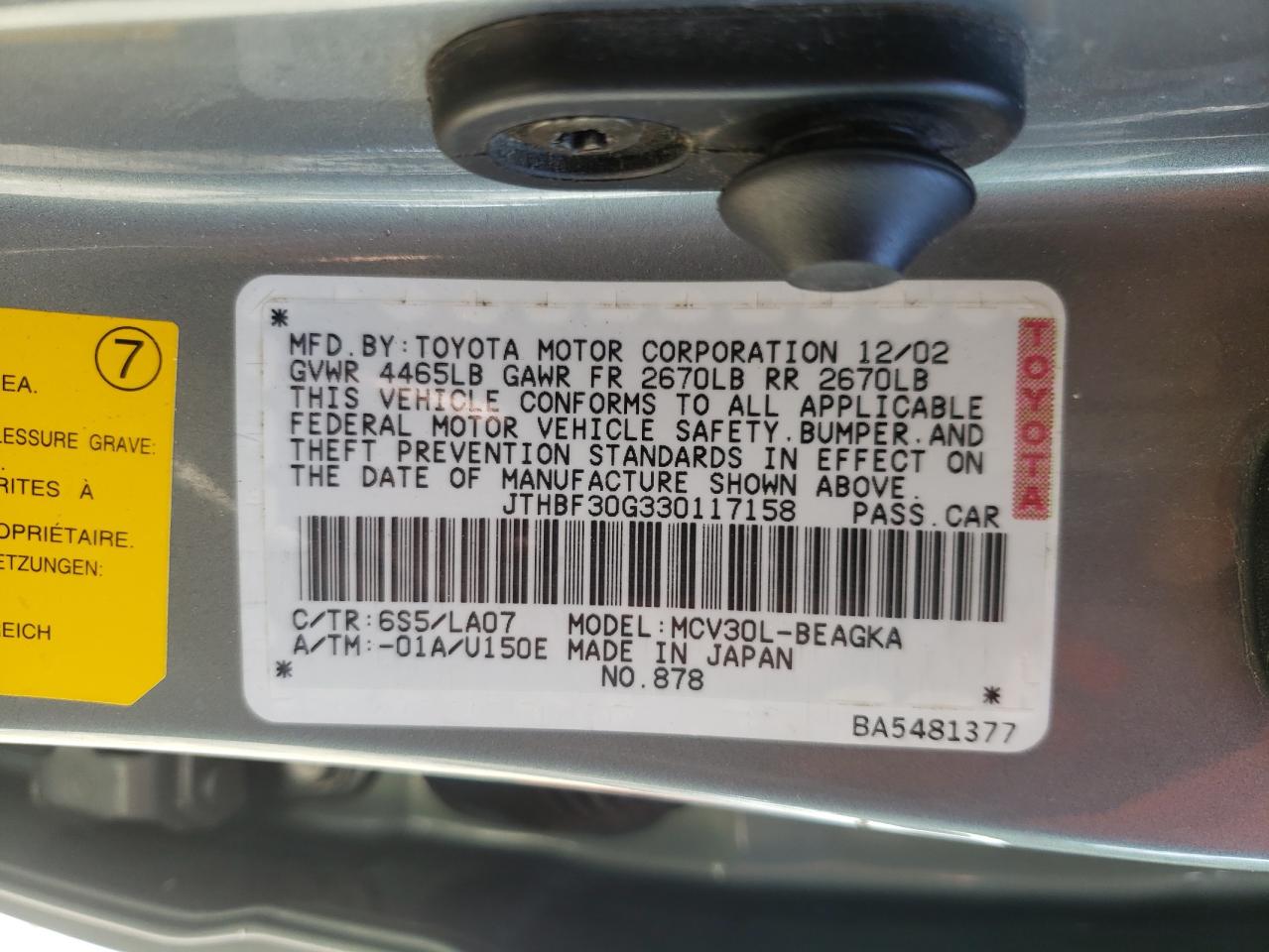 2003 Lexus Es 300 VIN: JTHBF30G330117158 Lot: 60527505