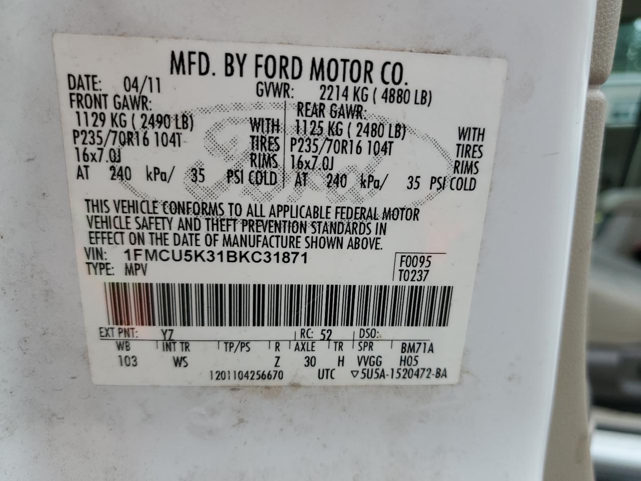 FORD ESCAPE 2011 VIN 1FMCU5K31BKC31871 photo 13