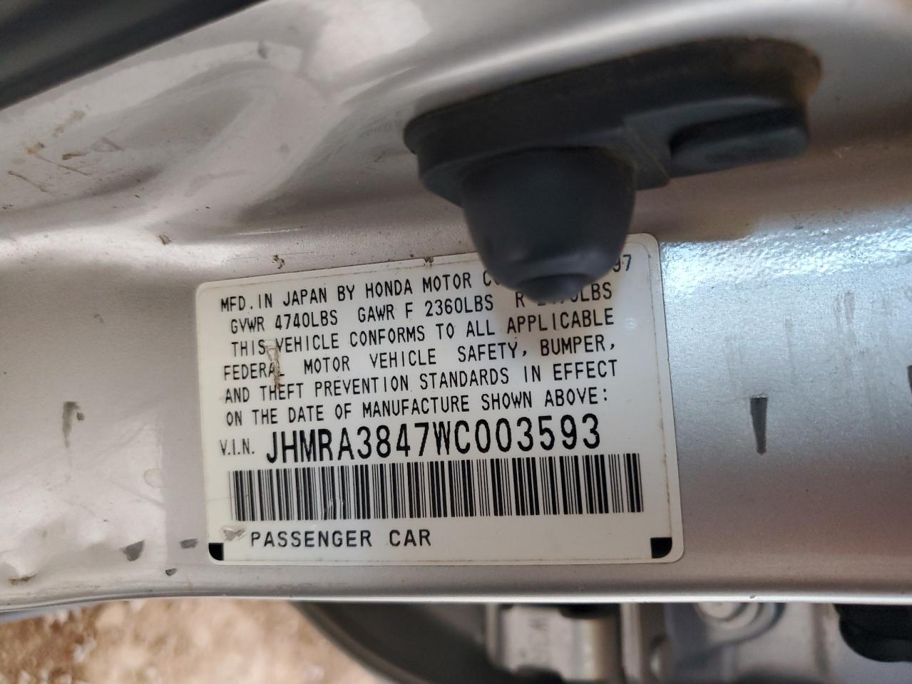 1998 Honda Odyssey Lx VIN: JHMRA3847WC003593 Lot: 62003995