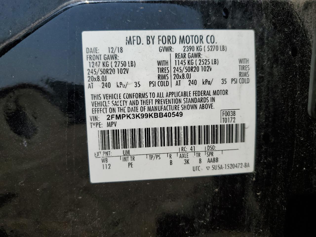 2019 Ford Edge Titanium VIN: 2FMPK3K99KBB40549 Lot: 59323215