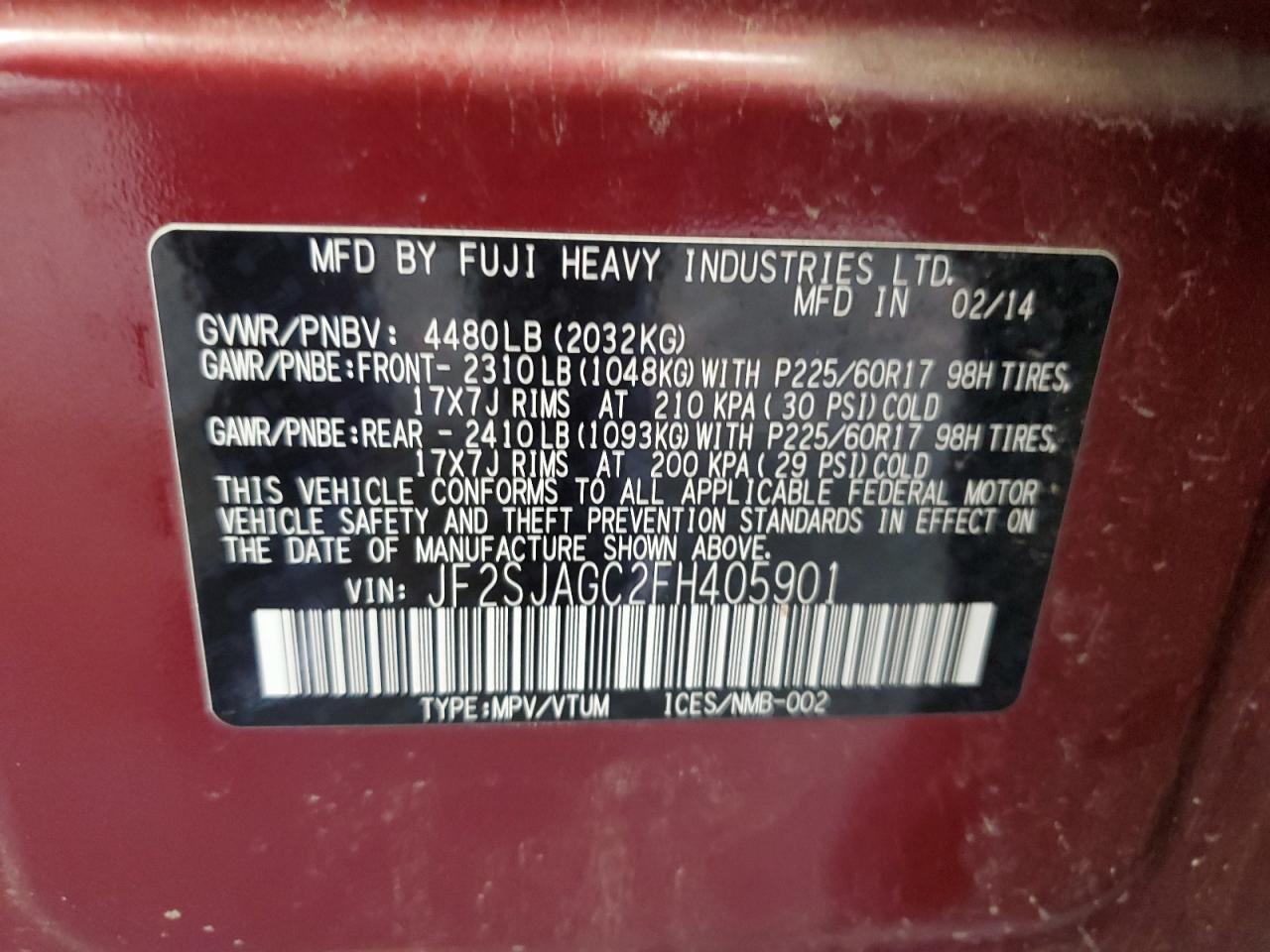 2015 Subaru Forester 2.5I Premium VIN: JF2SJAGC2FH405901 Lot: 62836025