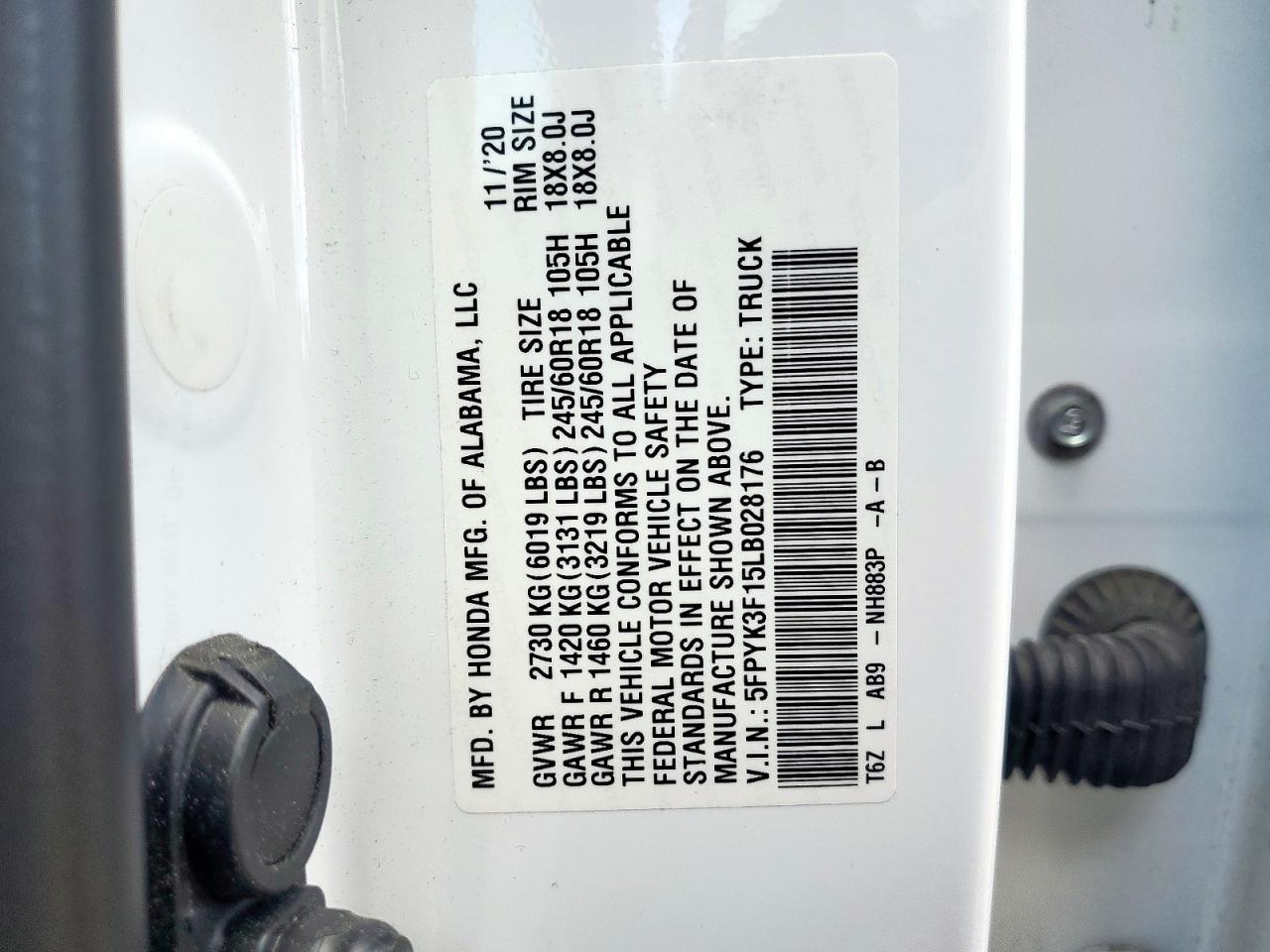 2020 Honda Ridgeline Sport VIN: 5FPYK3F15LB028176 Lot: 62750315