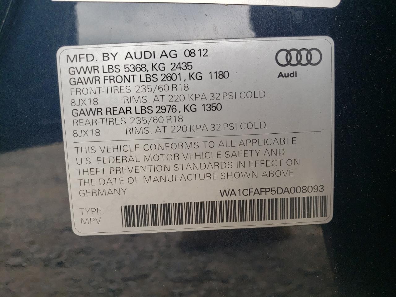 2013 Audi Q5 Premium VIN: WA1CFAFP5DA008093 Lot: 61938115