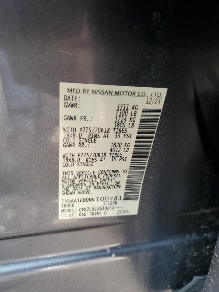 2022 Nissan Titan Sv VIN: 1N6AA1ED0NN100481 Lot: 59922735