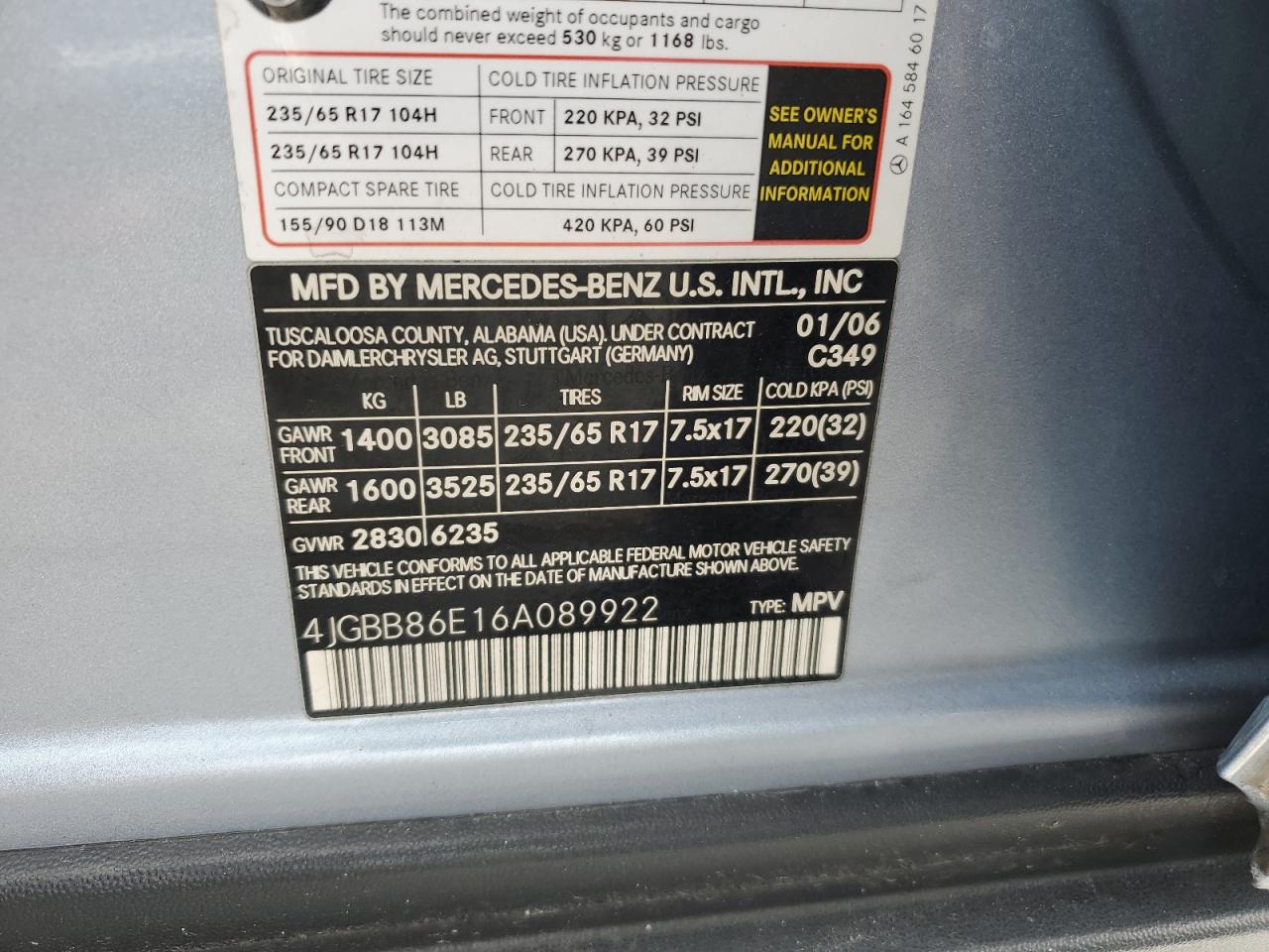 2006 Mercedes-Benz Ml 350 VIN: 4JGBB86E16A089922 Lot: 61166535