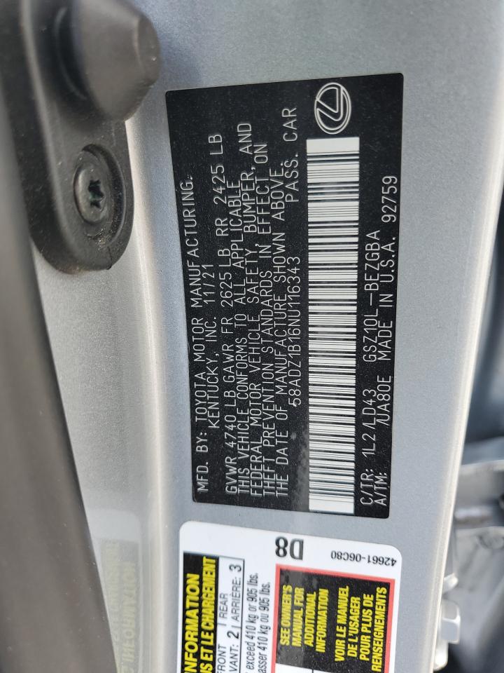 2022 Lexus Es 350 Base VIN: 58ADZ1B16NU116343 Lot: 60348445