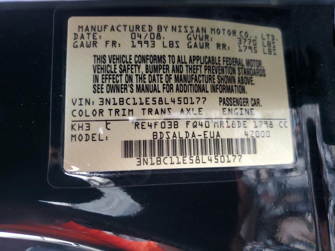 2008 Nissan Versa S VIN: 3N1BC11E58L450177 Lot: 61676145