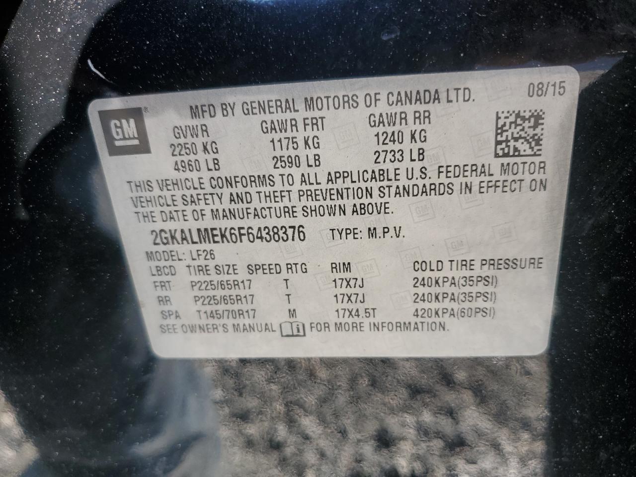 2015 GMC Terrain Sle VIN: 2GKALMEK6F6438376 Lot: 62083215