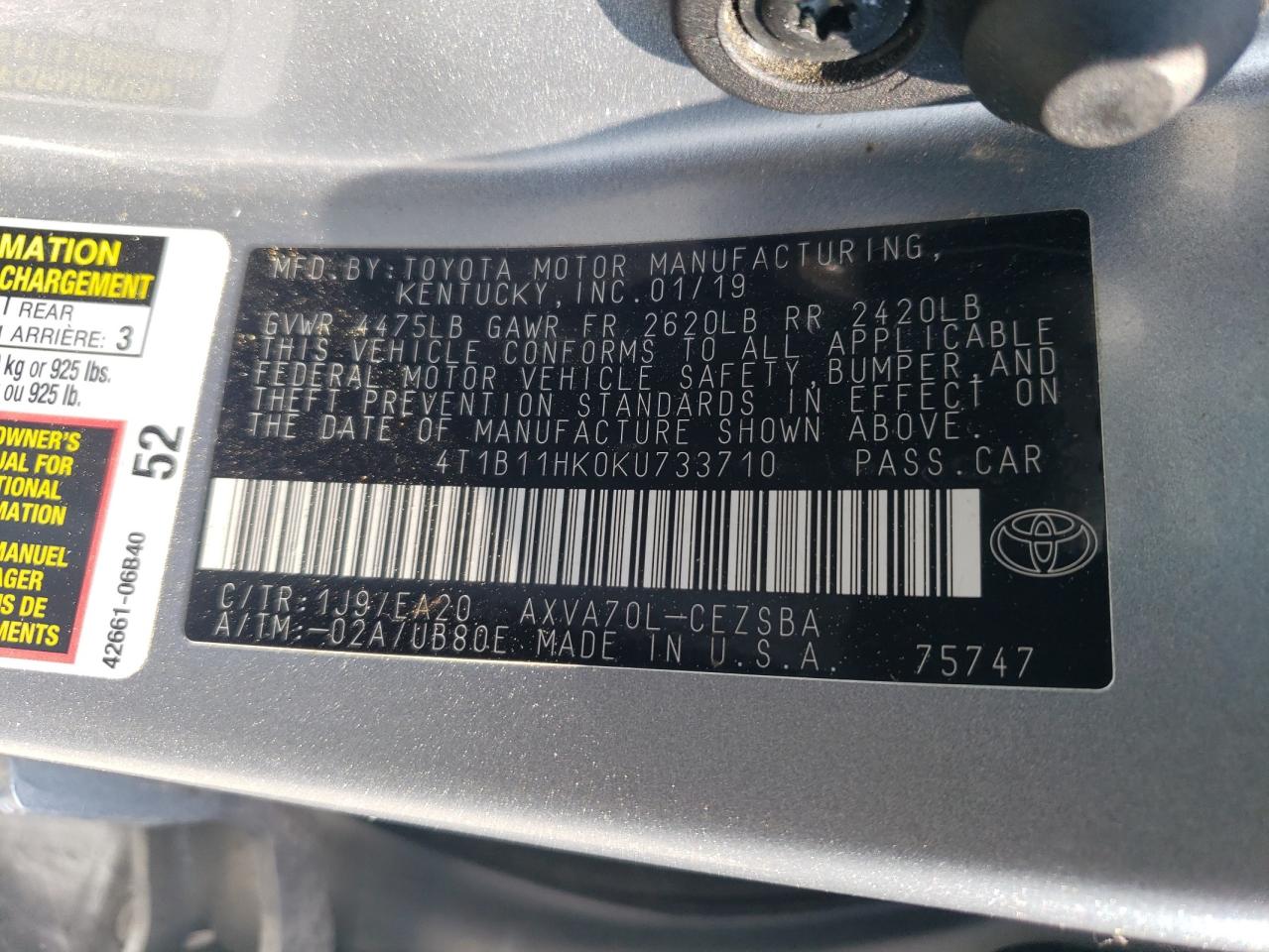 2019 Toyota Camry L VIN: 4T1B11HK0KU733710 Lot: 62758415