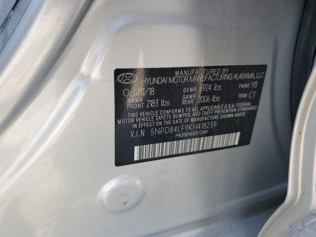 2019 Hyundai Elantra Sel VIN: 5NPD84LF9KH418239 Lot: 62263355