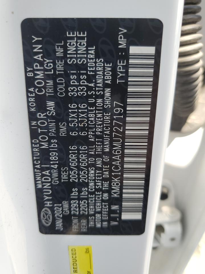 2021 Hyundai Kona Se VIN: KM8K1CAA6MU727197 Lot: 62889265