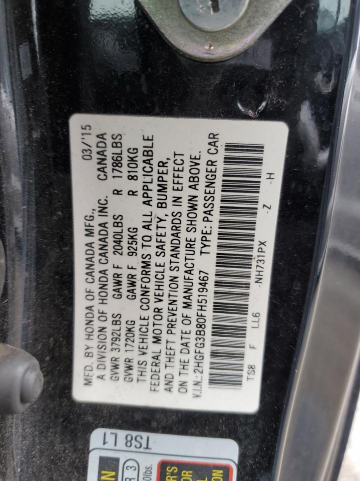 2015 Honda Civic Ex VIN: 2HGFG3B80FH519467 Lot: 62748945