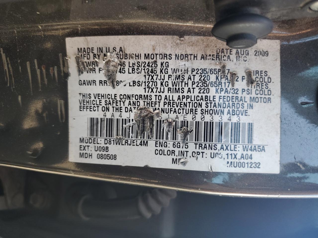 2010 Mitsubishi Endeavor Ls VIN: 4A4JN2AS1AE003343 Lot: 60665725