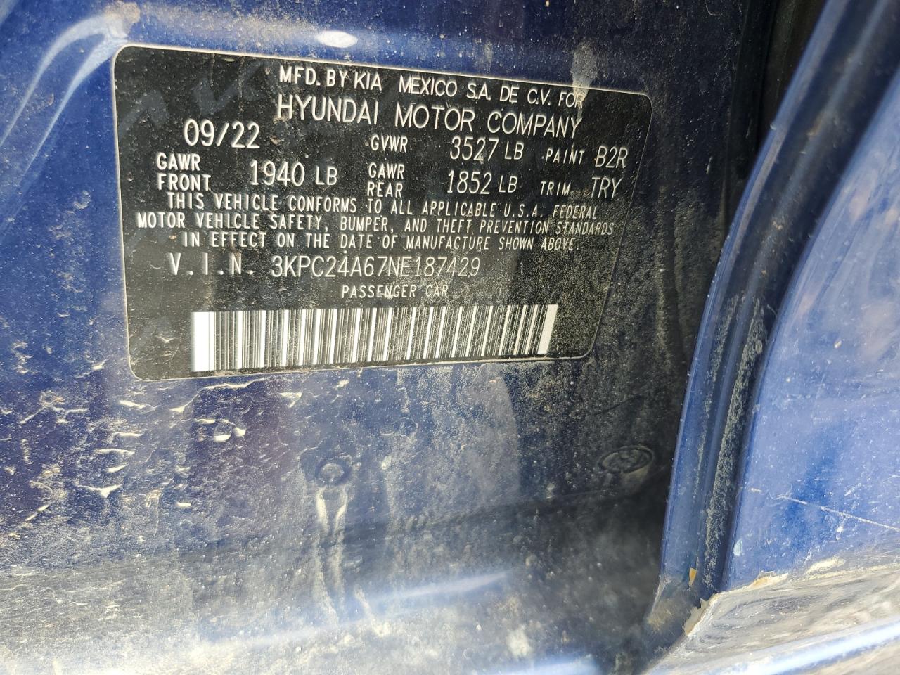 2022 Hyundai Accent Se VIN: 3KPC24A67NE187429 Lot: 62141275