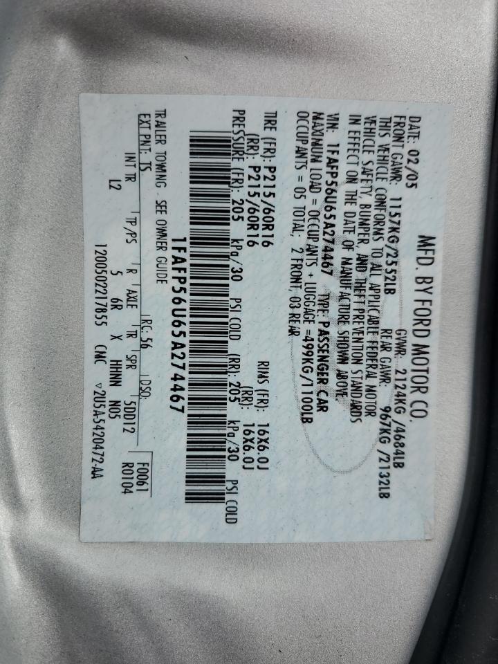 2005 Ford Taurus Sel VIN: 1FAFP56U65A274467 Lot: 62590915