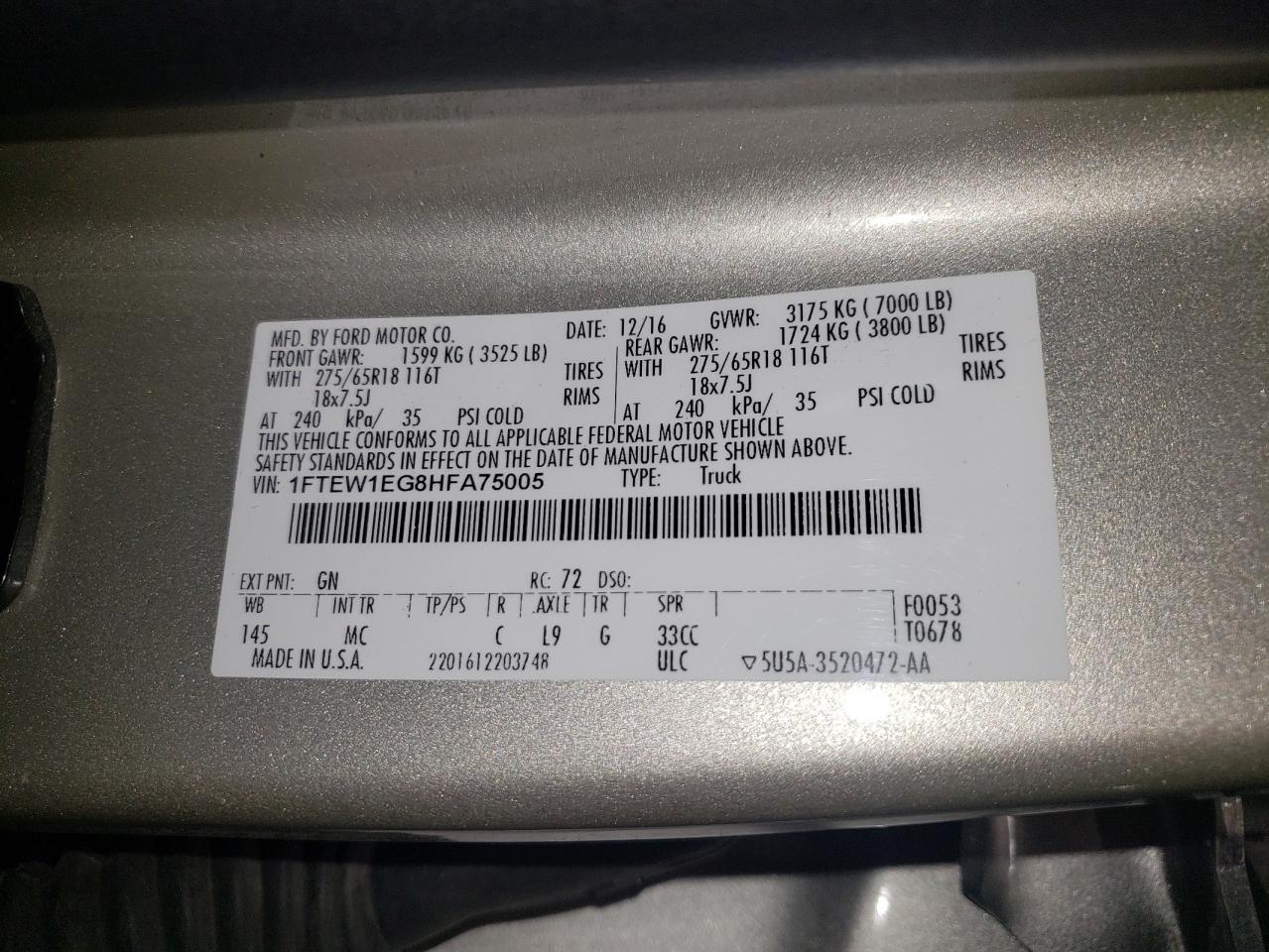2017 Ford F150 Supercrew VIN: 1FTEW1EG8HFA75005 Lot: 62964905