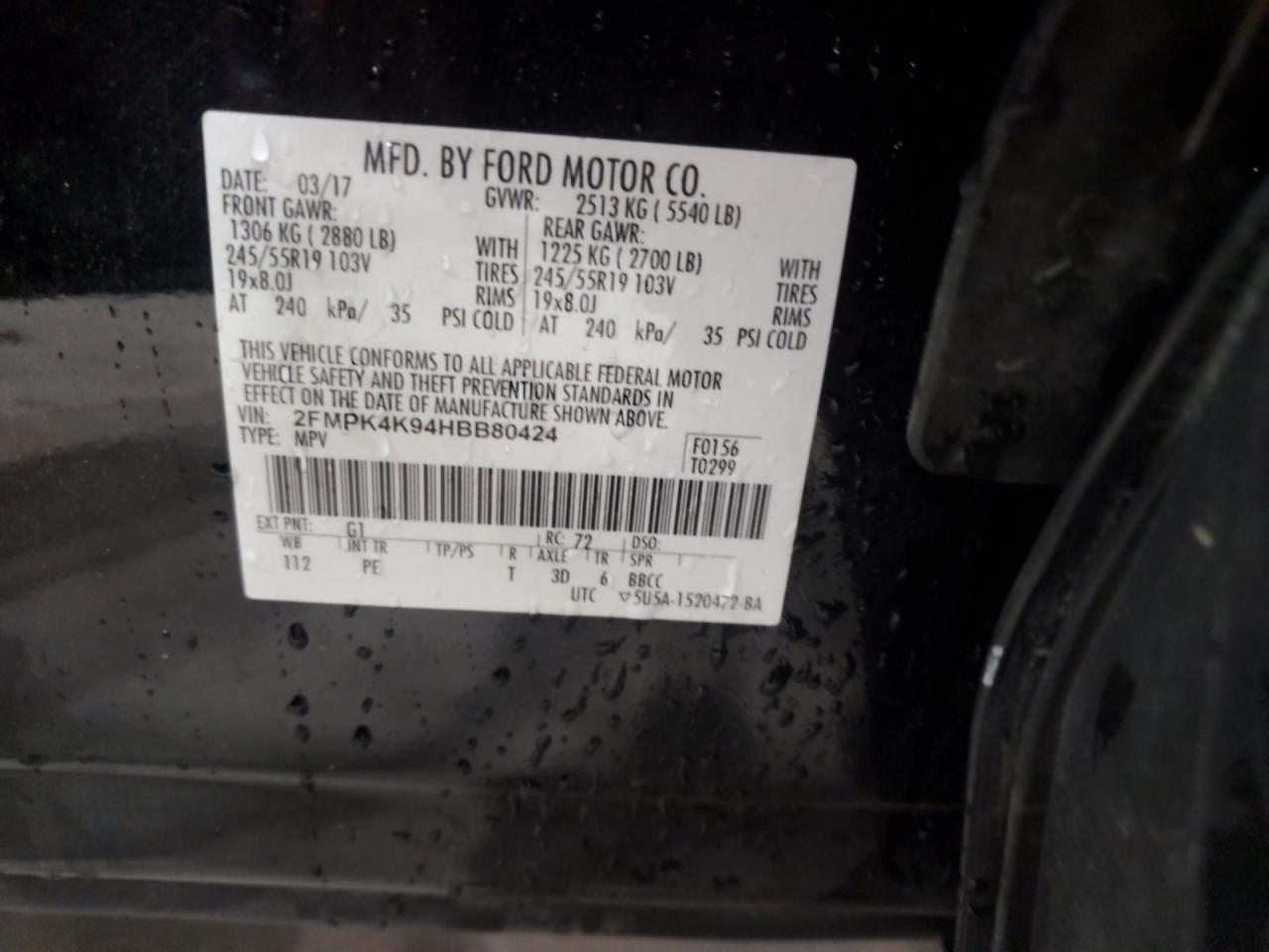 2017 Ford Edge Titanium VIN: 2FMPK4K94HBB80424 Lot: 61190685