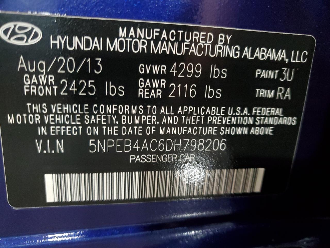 HYUNDAI SONATA 2013 VIN 5NPEB4AC6DH798206 фото 12