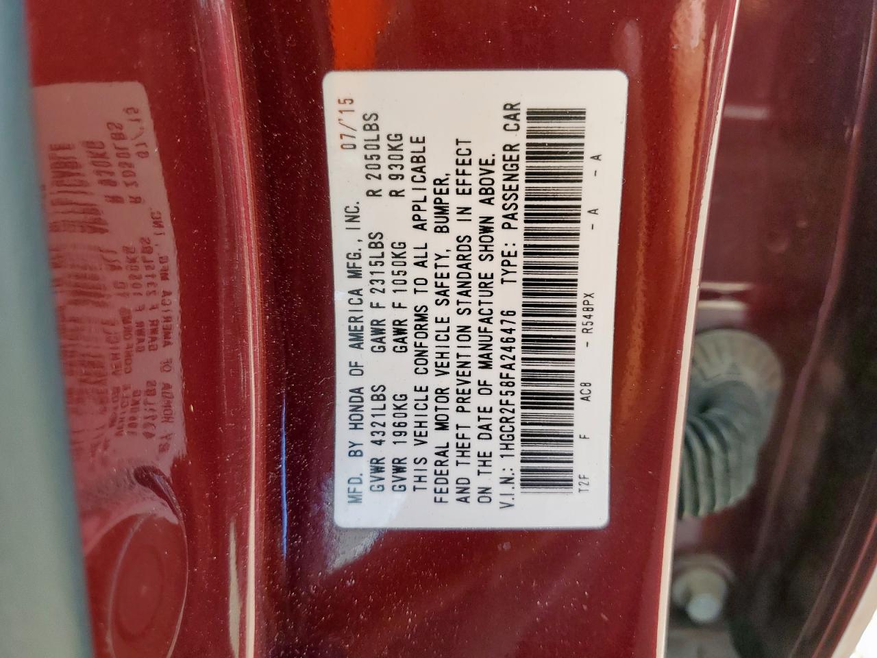 HONDA ACCORD 2015 VIN 1HGCR2F58FA246476 zdjęcie 13