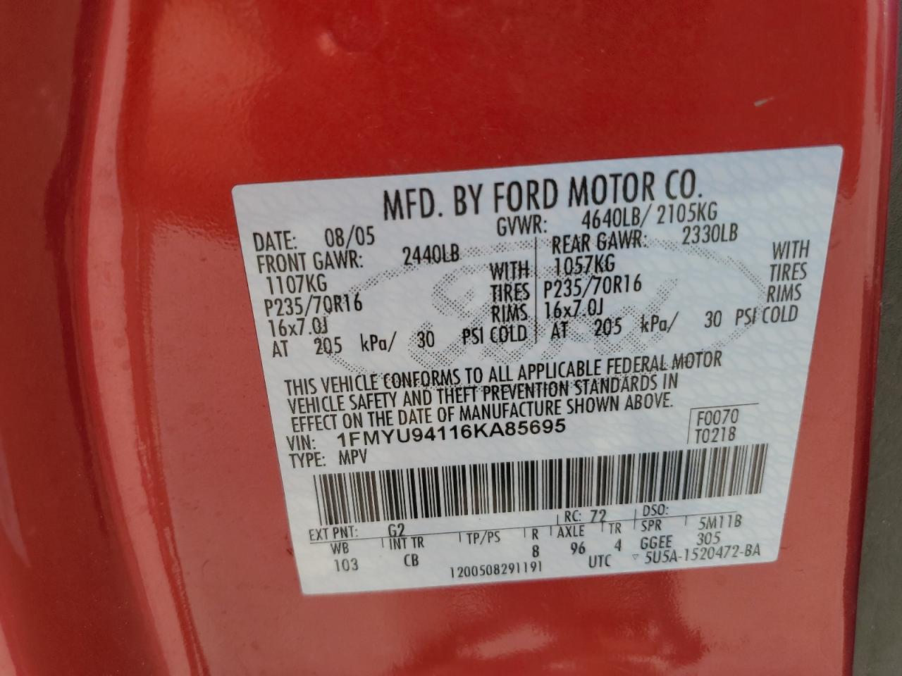 2006 Ford Escape Limited VIN: 1FMYU94116KA85695 Lot: 61223635