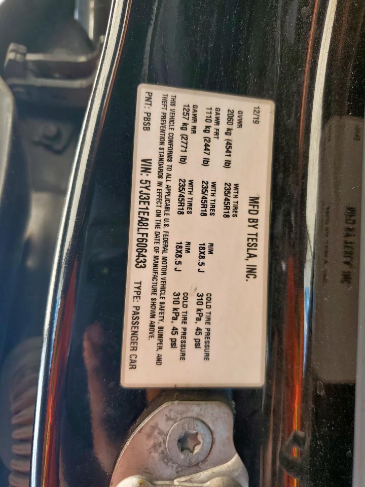 2020 Tesla Model 3 VIN: 5YJ3E1EA8LF606433 Lot: 61848195