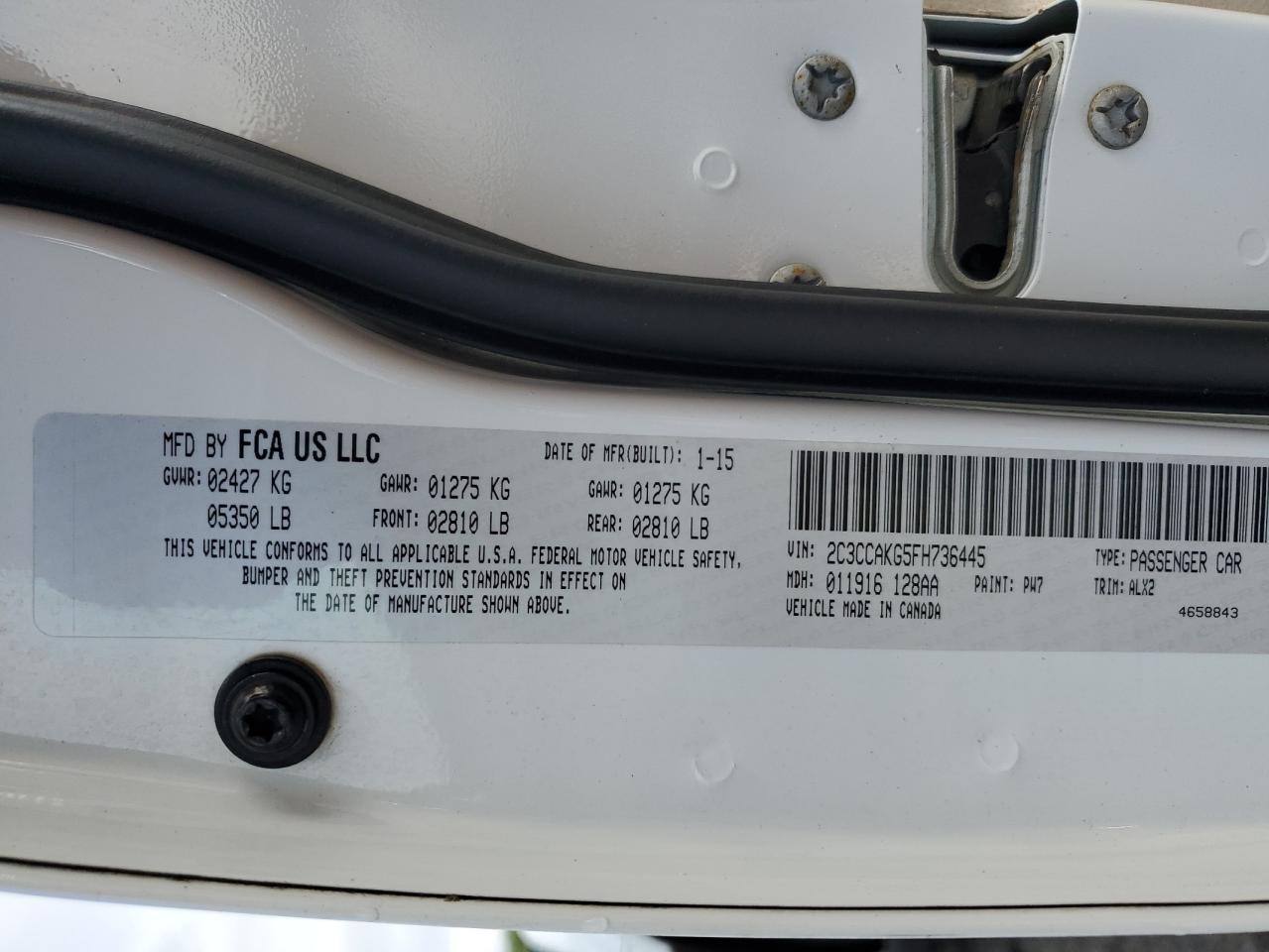 2015 Chrysler 300C VIN: 2C3CCAKG5FH736445 Lot: 62418855