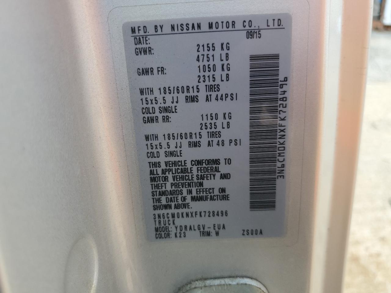 2015 Nissan Nv200 2.5S VIN: 3N6CM0KNXFK728496 Lot: 61986145