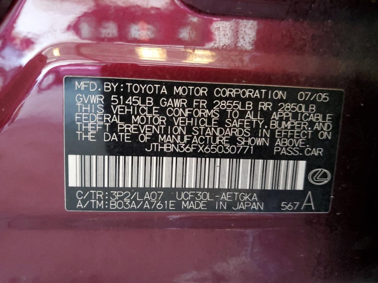2006 Lexus Ls 430 VIN: JTHBN36FX65030771 Lot: 62359495