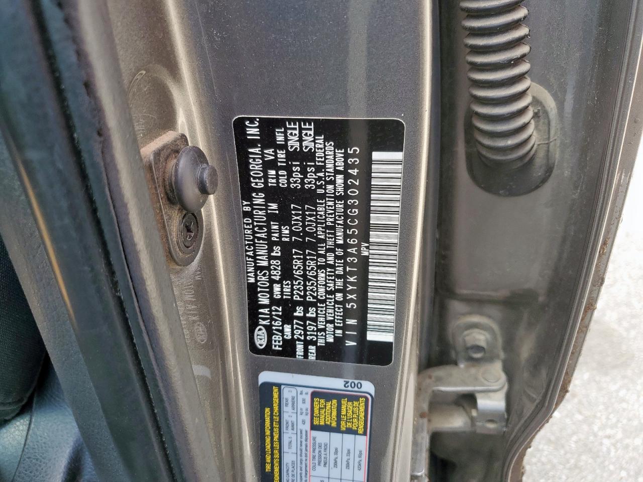 2012 Kia Sorento Base VIN: 5XYKT3A65CG302435 Lot: 61595495