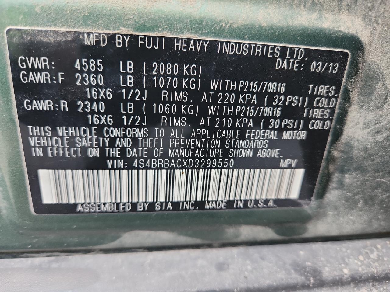2013 Subaru Outback 2.5I VIN: 4S4BRBACXD3299550 Lot: 62676465