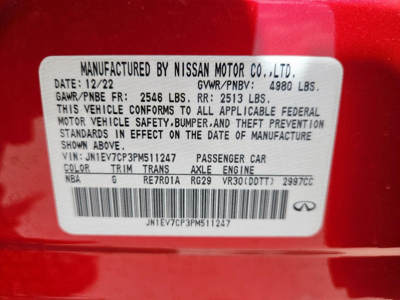2023 Infiniti Q50 Sensory VIN: JN1EV7CP3PM511247 Lot: 62540605