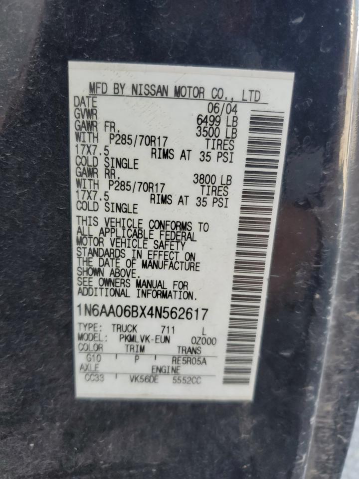 2004 Nissan Titan Xe VIN: 1N6AA06BX4N562617 Lot: 59033135