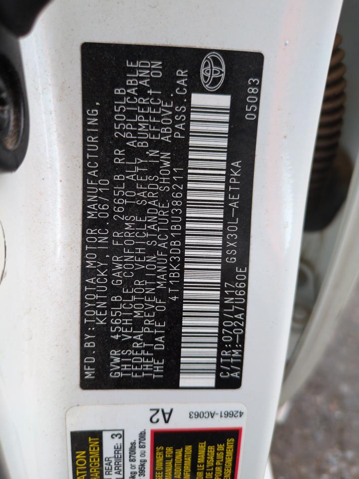 2011 Toyota Avalon Base VIN: 4T1BK3DB1BU386211 Lot: 62962075
