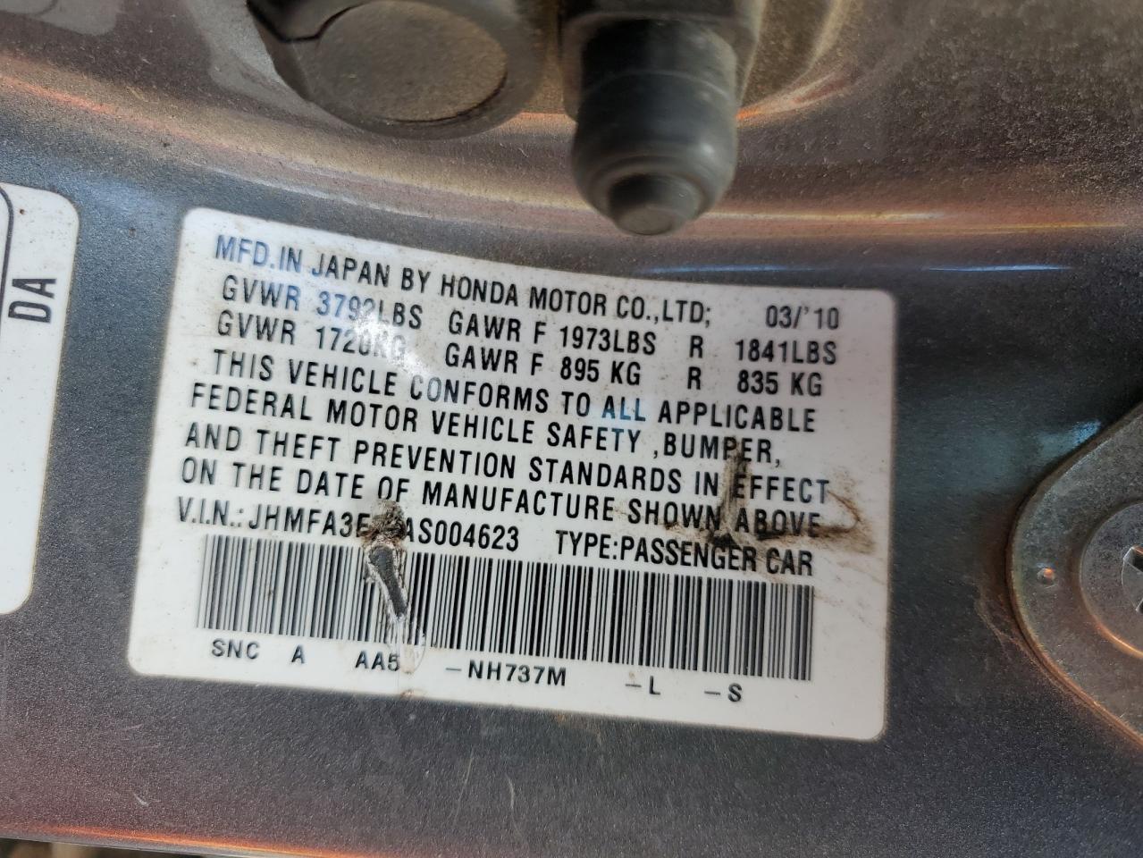 2010 Honda Civic Hybrid VIN: JHMFA3F22AS004623 Lot: 60716985