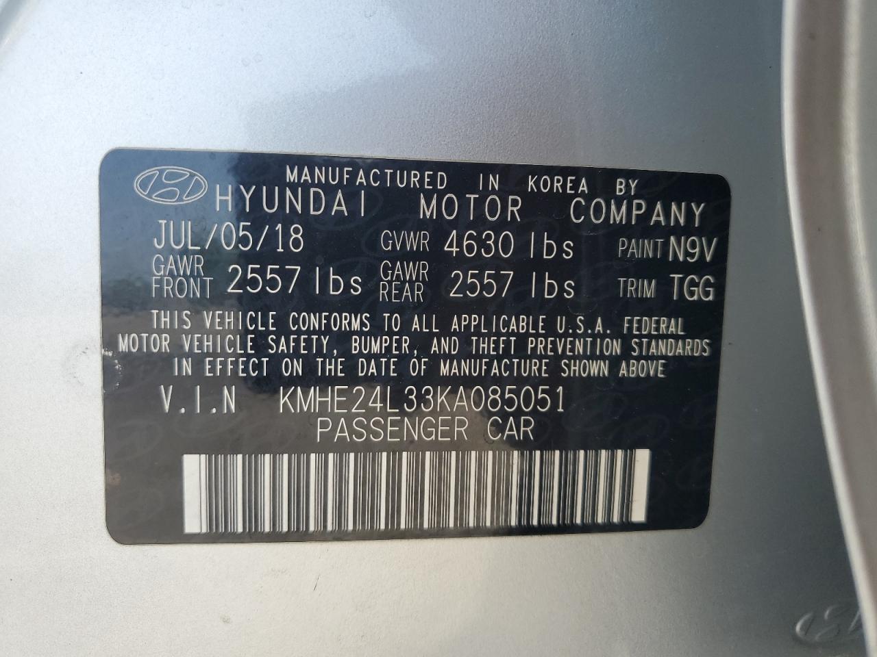 2019 Hyundai Sonata Hybrid VIN: KMHE24L33KA085051 Lot: 59424055