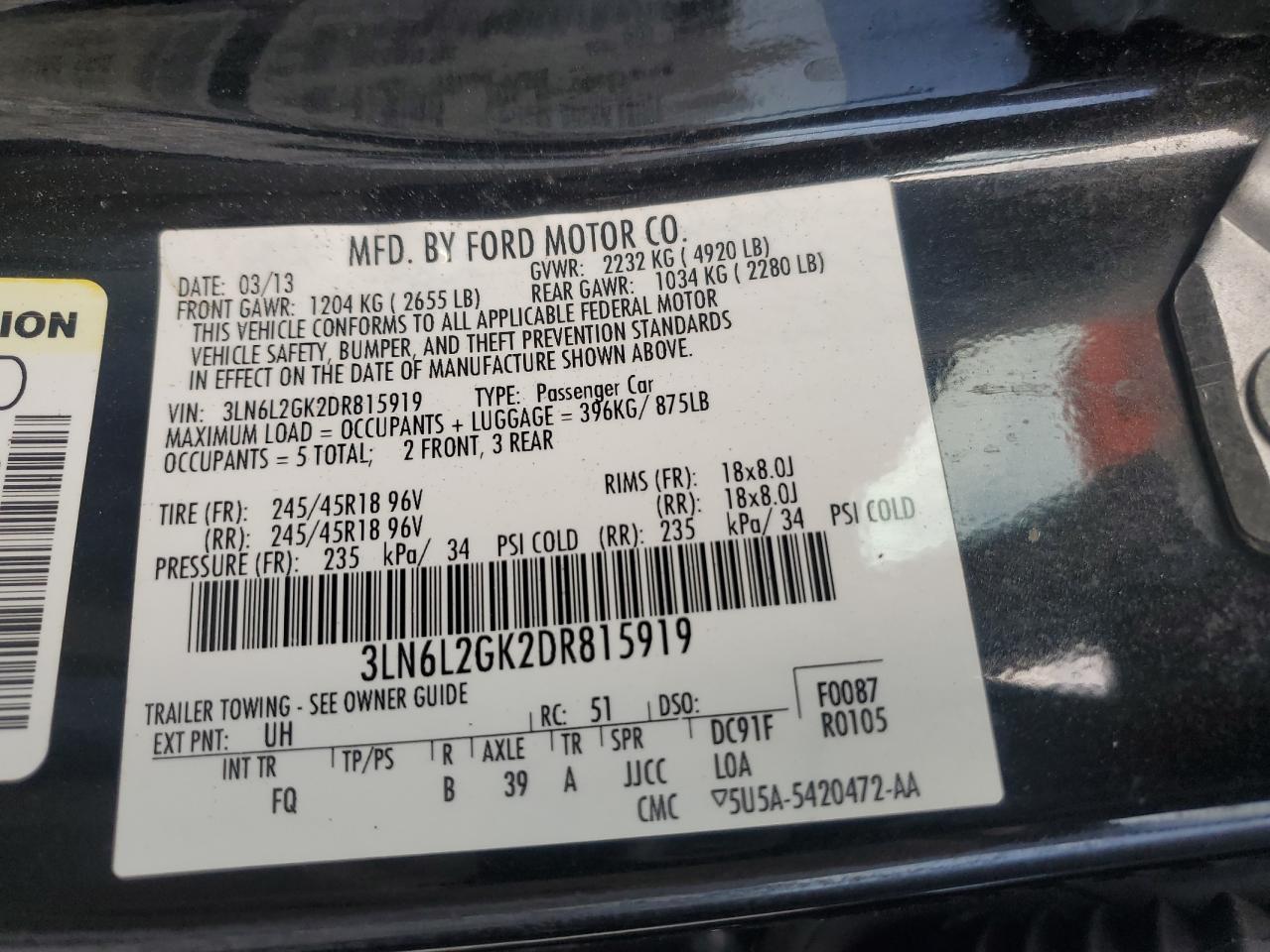 2013 Lincoln Mkz VIN: 3LN6L2GK2DR815919 Lot: 62841615