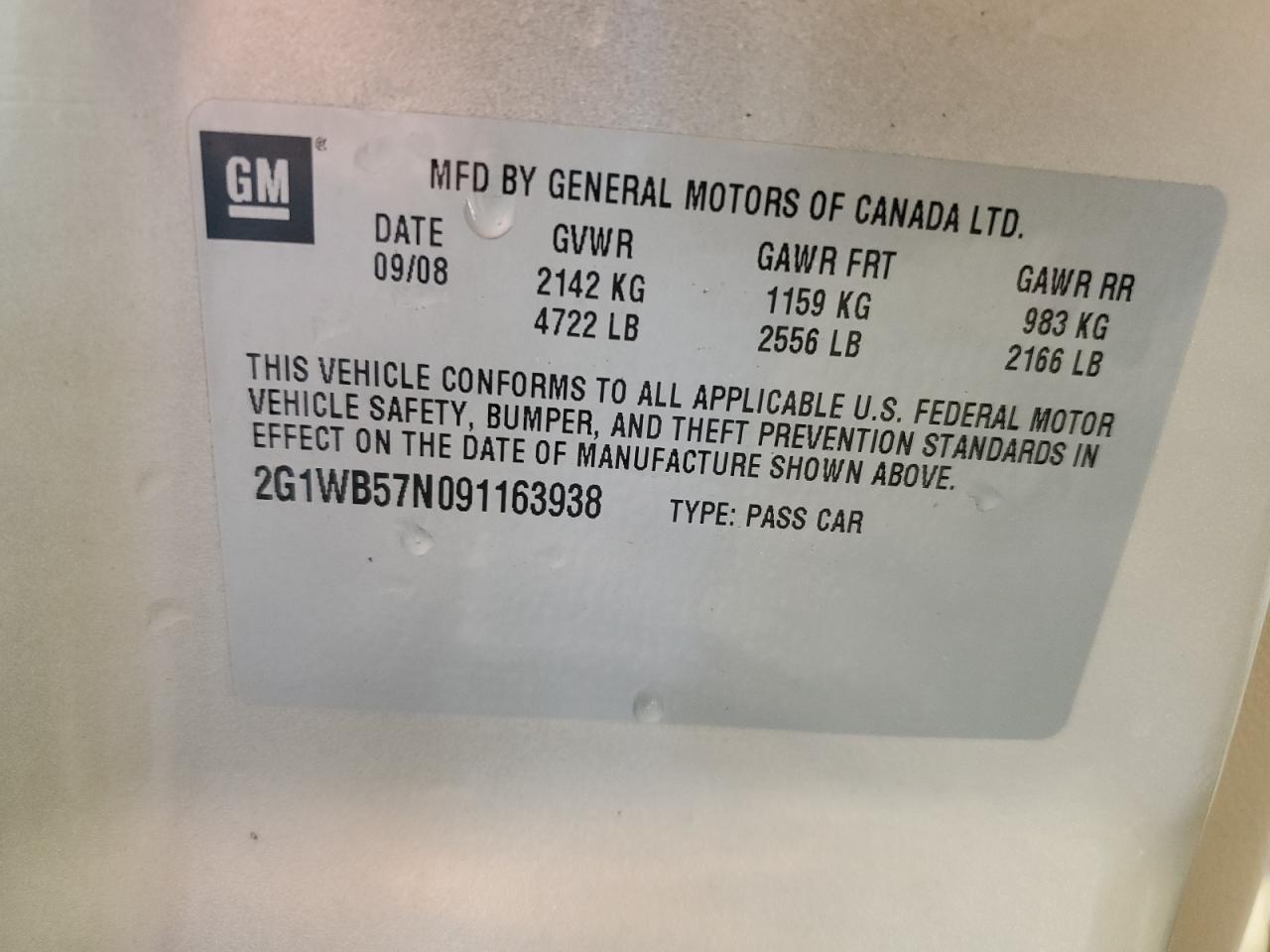 2009 Chevrolet Impala Ls VIN: 2G1WB57N091163938 Lot: 62882105
