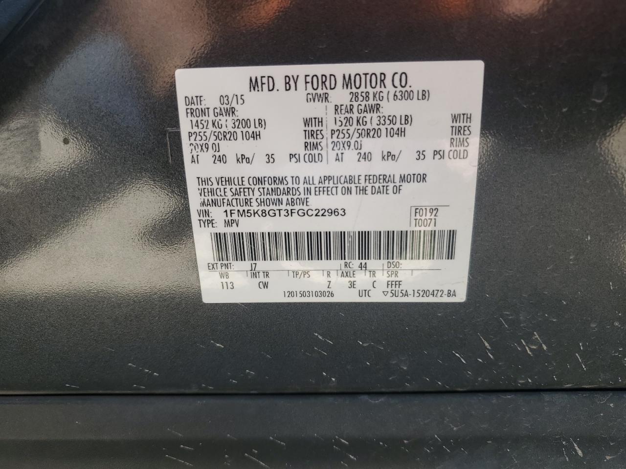 2015 Ford Explorer Sport VIN: 1FM5K8GT3FGC22963 Lot: 62708605