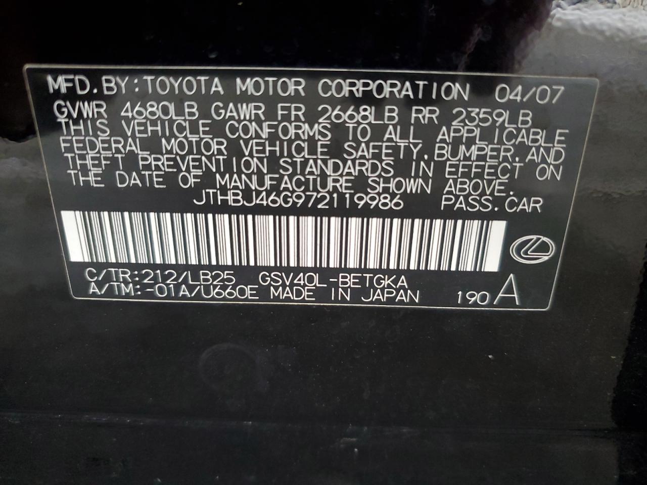 2007 Lexus Es 350 VIN: JTHBJ46G972119986 Lot: 60707065