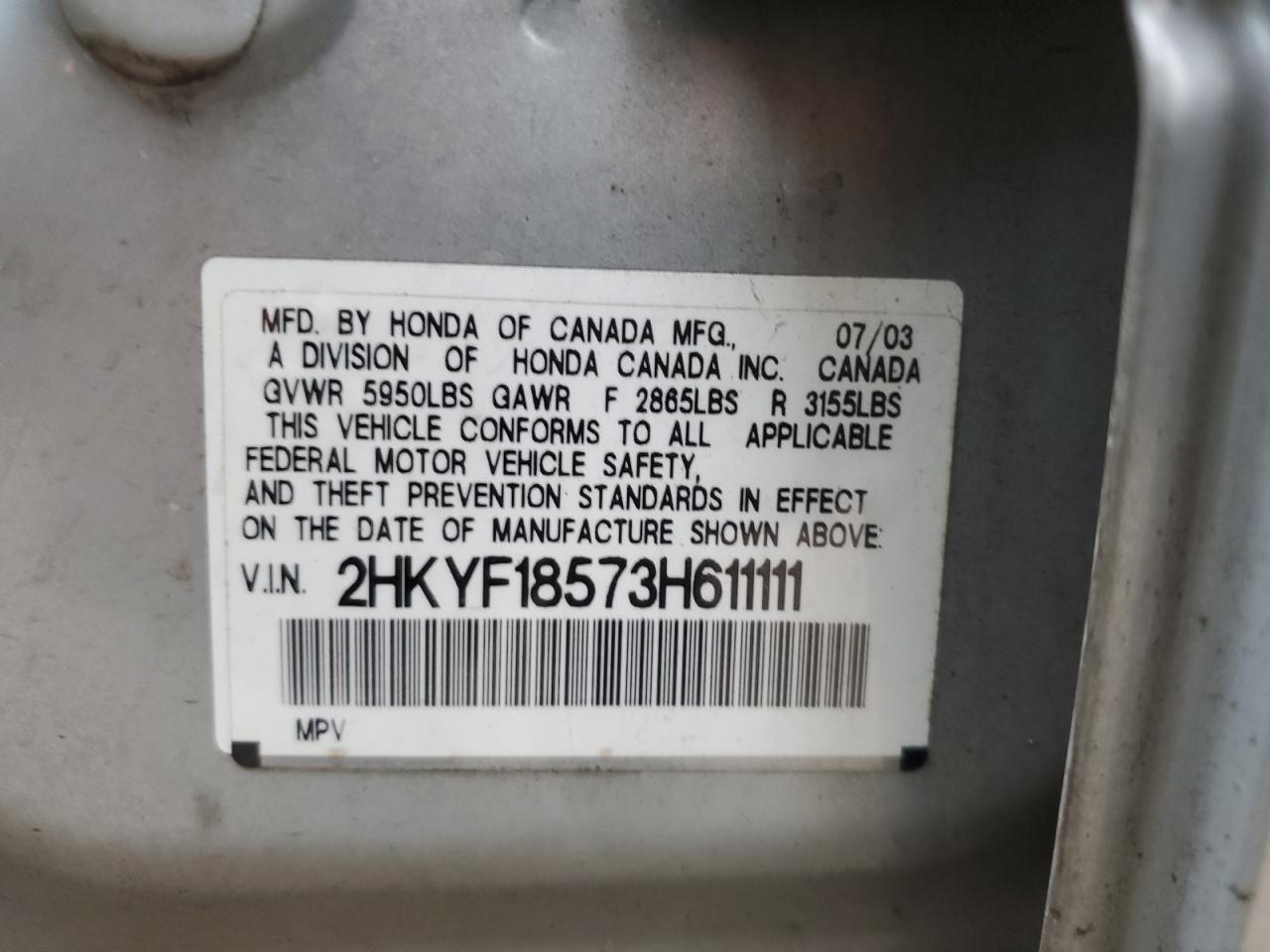 2003 Honda Pilot Exl VIN: 2HKYF18573H611111 Lot: 62481465