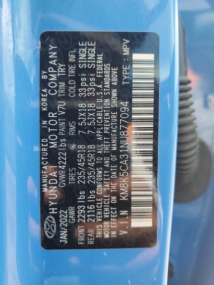 2022 Hyundai Kona Limited VIN: KM8K5CA31NU877094 Lot: 62510315