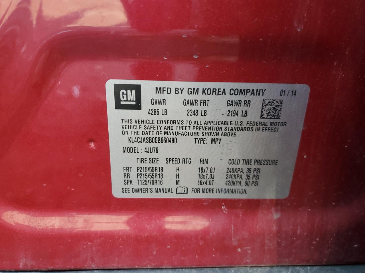 2014 Buick Encore VIN: KL4CJASB0EB0EB660 Lot: 60126895