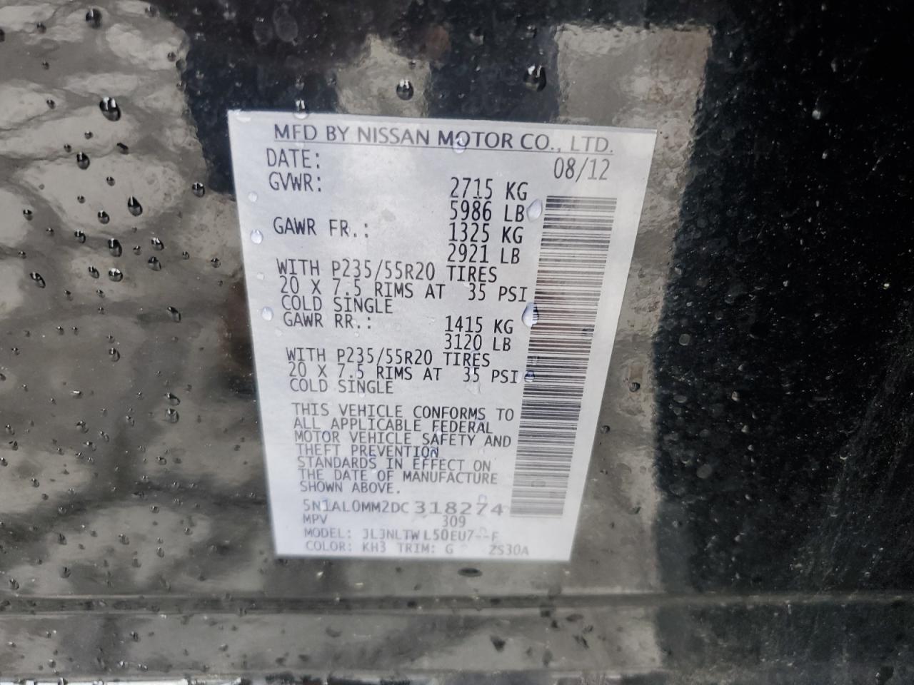 2013 Infiniti Jx35 VIN: 5N1AL0MM2DC318274 Lot: 60305545