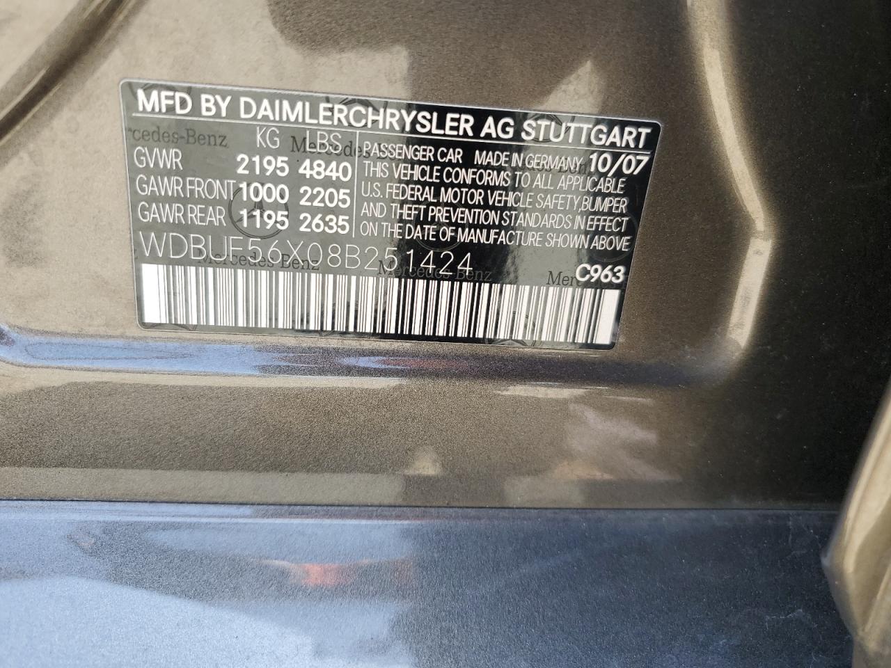 2008 Mercedes-Benz E 350 VIN: WDBUF56X08B251424 Lot: 62391525