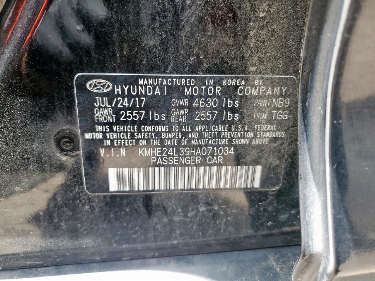 2017 Hyundai Sonata Hybrid VIN: KMHE24L39HA071034 Lot: 62089155
